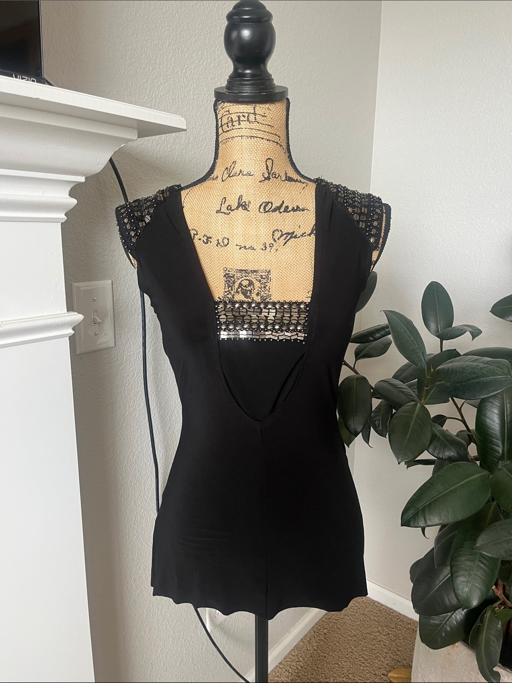Black Embellished Deep V Tank Top for Women